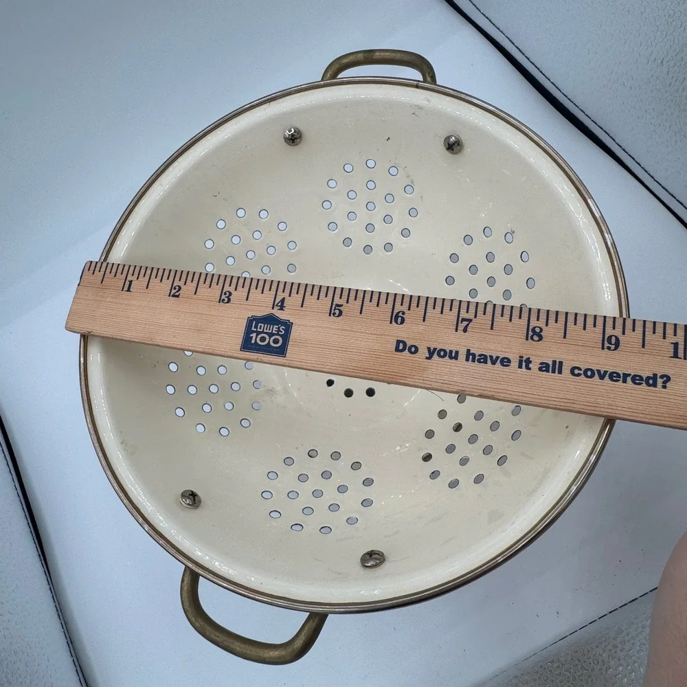 Vintage Enamel Floral Colander Cream Pedestal Strainer Brass Handles Floral Bowl